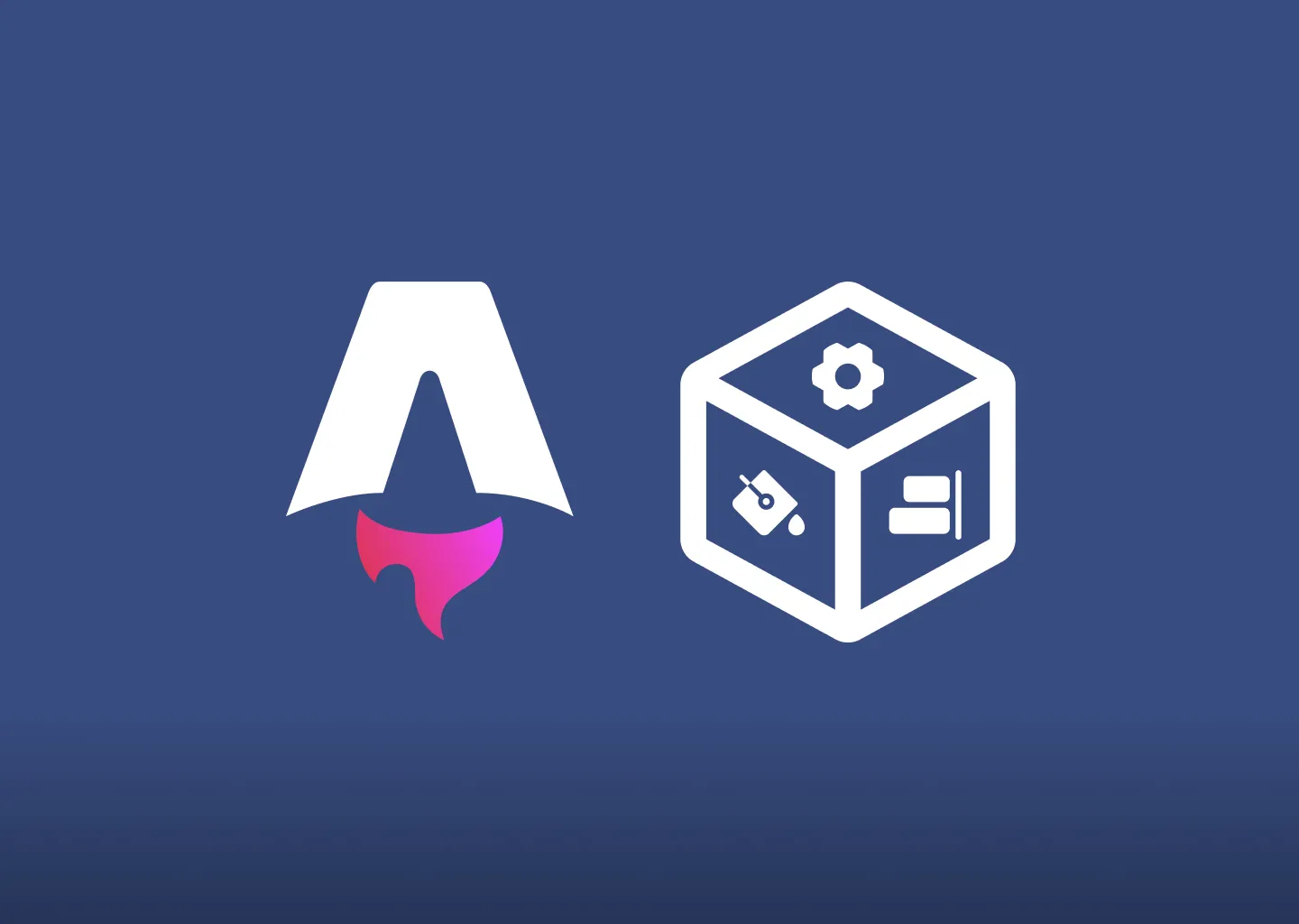 Astro logo and a cube with a cog icon, paint bucket icon, and an icon for alignment on the sides of the cube.